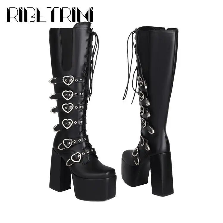 Cool Women Motorcycle Boots High Heeled Knee High Sassy Platform Shoes Lace Up Zip Luxury Designer Brand Winter Street Booties