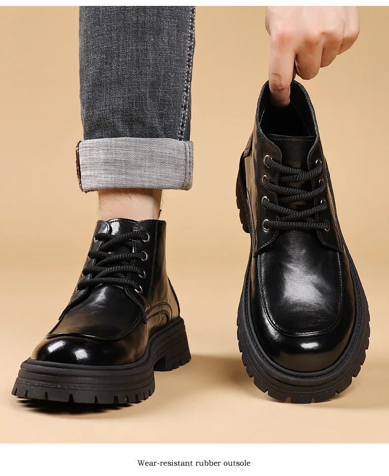 Outdoor Men High Top Leather Shoes Classic Black Leather Boots Motorcycle Breathable Riding Mid-calf Ankle Boots Warm Work Shoes