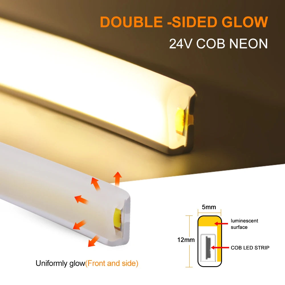 24V Solar Powered COB LED Strip Light Double Side Glow 320 LEDs/m Waterproof Flexible Neon Tape Indoor Outdoor Linear Lighting