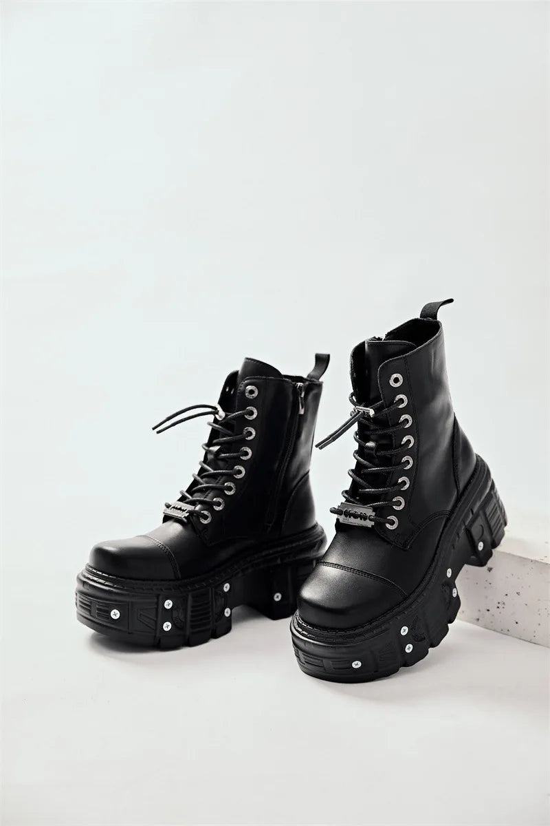 Women Omet Dark Motorcycle Heavy Metal Platform Cross-border Boots 2024 Spring New Female Punk Small Leather Men Shoes