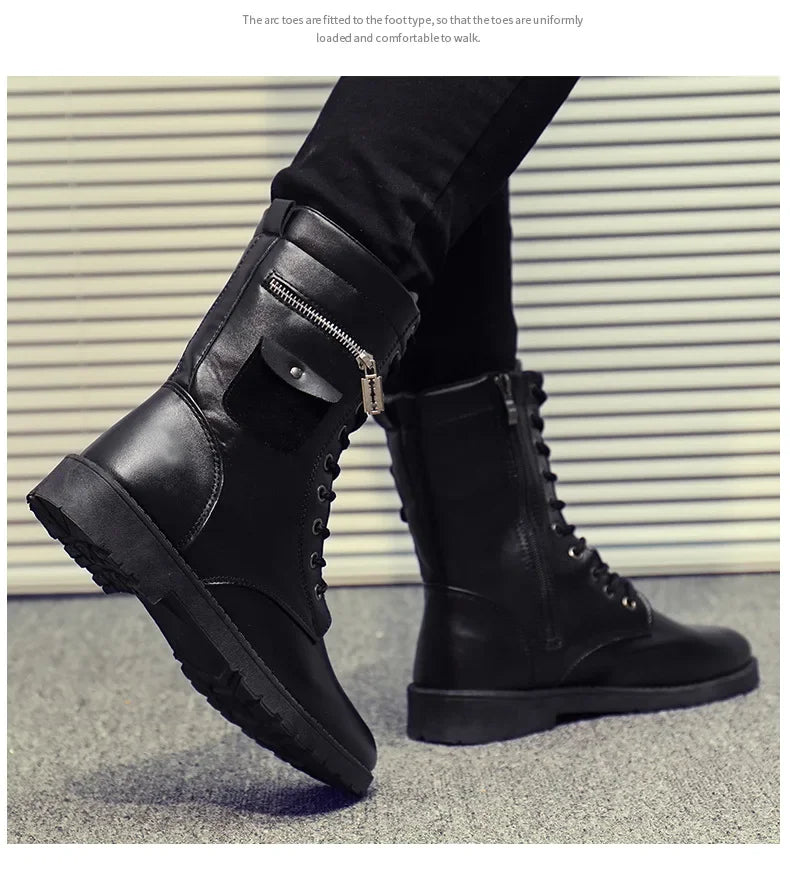 PU Leather Men Motorcycle Boots Men's Riding Hunting Walking Shoes Autumn Winter Mid-Calf Boots High Top Boots