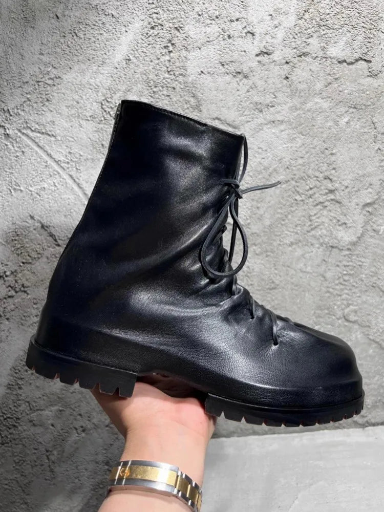 Gothic Designer Men High Top Sheepskin Genuine Leather Ankle Boots Lace Up Thick Platform Runway Shoes Vintage Work Safety Boots