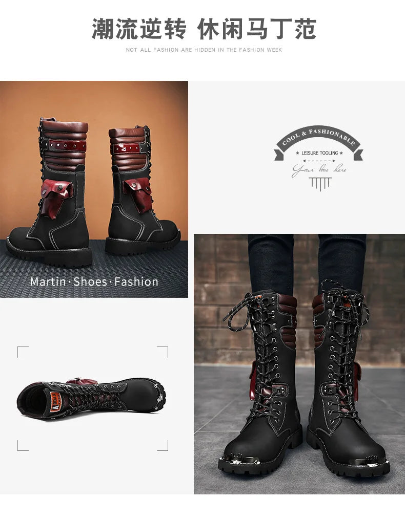 Men Motorcycle Boots Fashion Mid-Calf Punk Rock Punk PU Leather Black High Top Mens Casual Boot Steel Toe Shoes Big Size 38-46