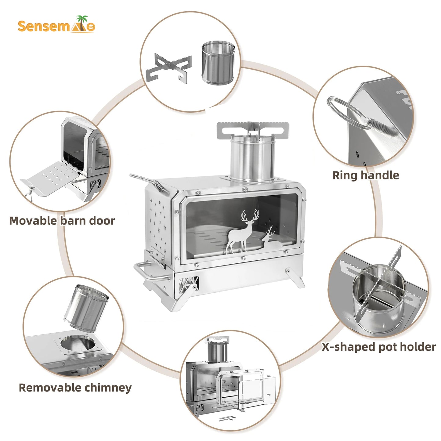 Portable Stainless Steel Wood Stove Camping Oven with Glass Window Folding Rocket Stove Mini Drawer for BBQ Grill Garden Hiking