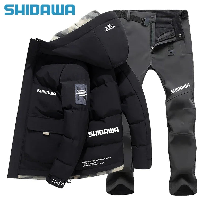 New Men suit Autumn Winter Warm Fishing Clothes Set Casual Thickened Hooded Down Cotton Jacket + Fleece Waterproof Fishing Pants