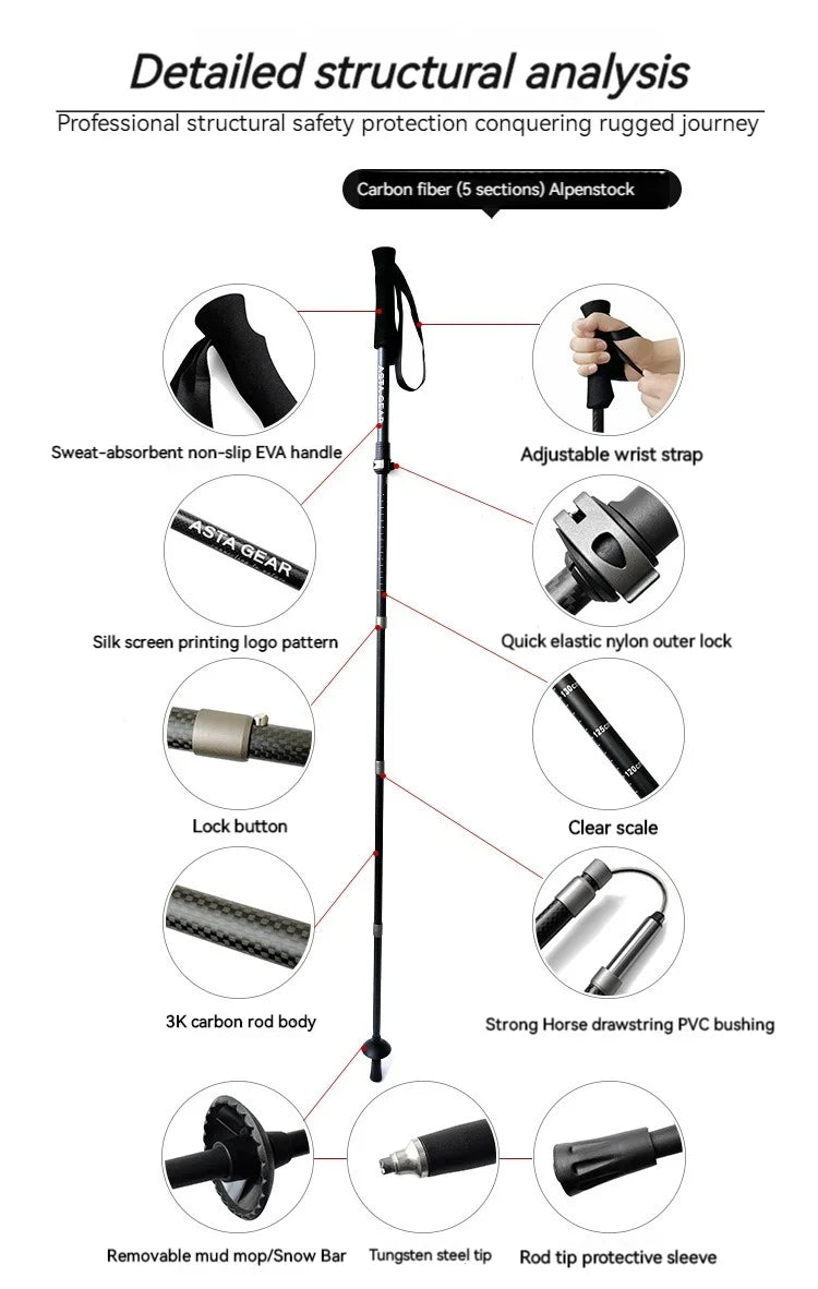 ASTA GEAR Carbon Fiber Climbing Alpenstock Ultra Light Aluminum Alloy  ul Tent Ceiling Support Rod Carbon Hiking  Climbing Stick