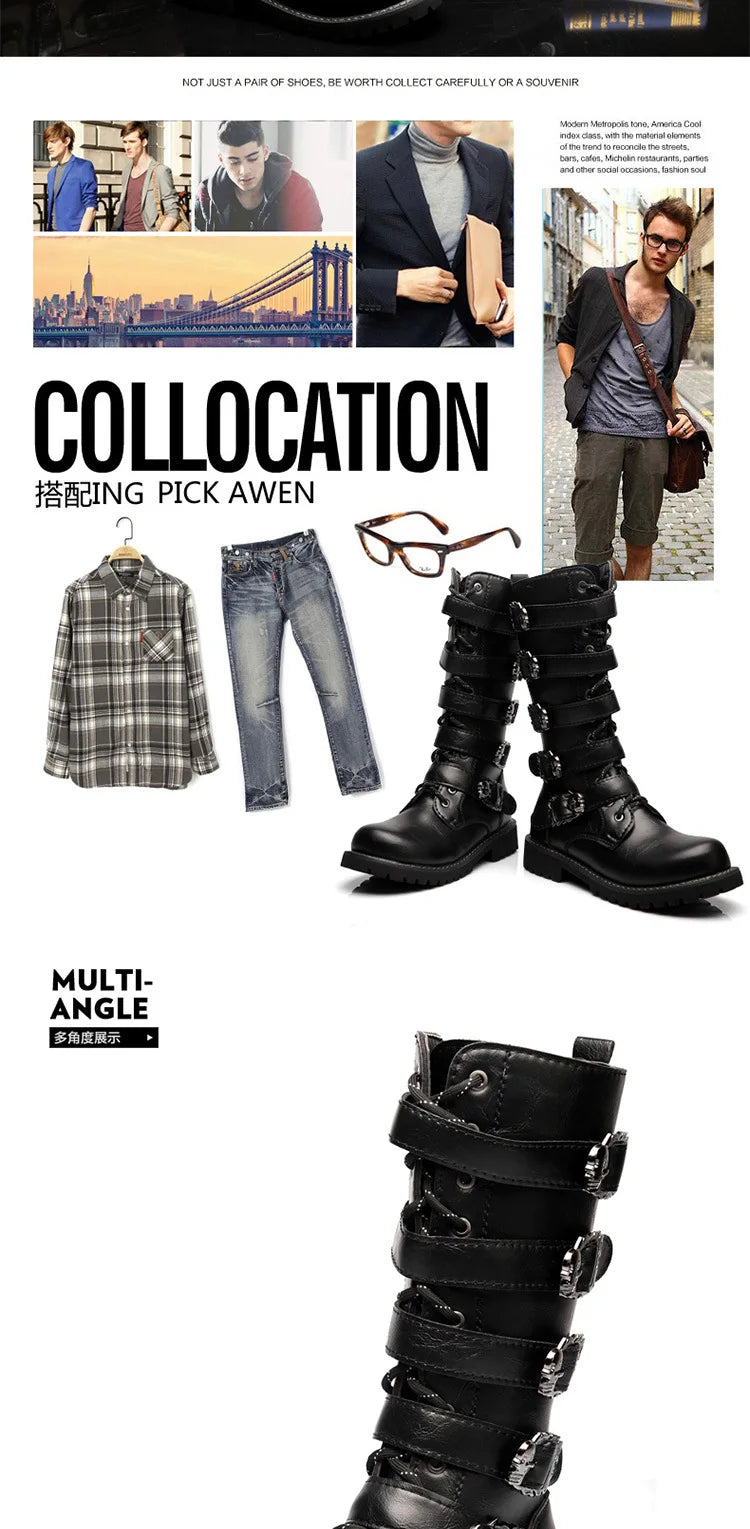 Men Winter Motorcycle Boots Mid-Calf Punk Rock Punk Shoes Mens PU Leather Black High Top Casual Boot Man Motorcycle Boots