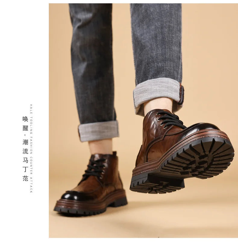 Outdoor Men High Top Leather Shoes Classic Black Leather Boots Motorcycle Breathable Riding Mid-calf Ankle Boots Warm Work Shoes
