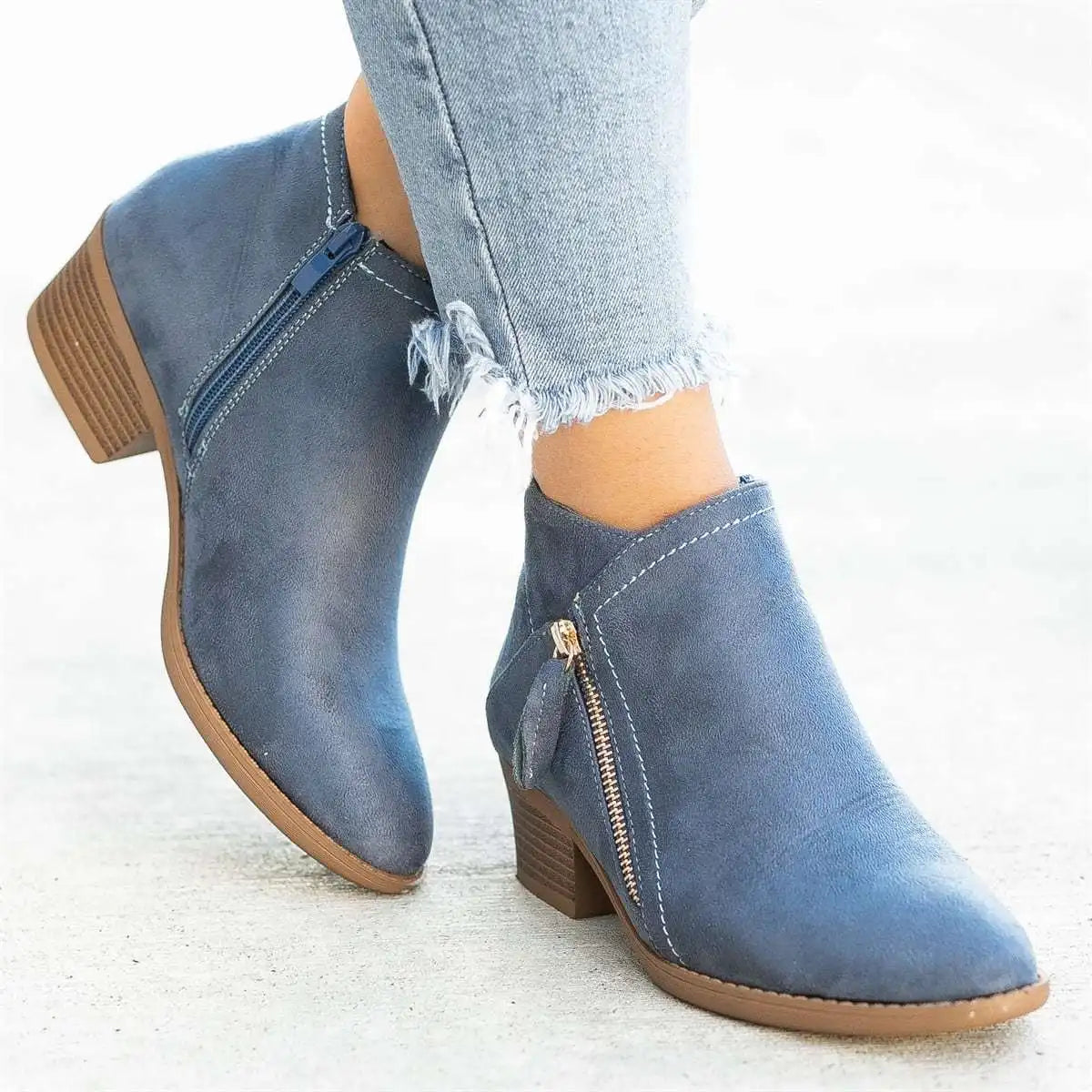 Women's Ankle Boots Autumn New Round Toe Side Zipper Women's Boots Platform Heel Large Size Fashionable Women's Leather Boots