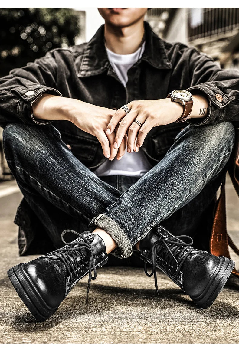 Luxury Men Boots Fashion Designer Motorcycle Boots for Men High Top Leather Casual Shoes Retro British Style Men Ankle Boots New