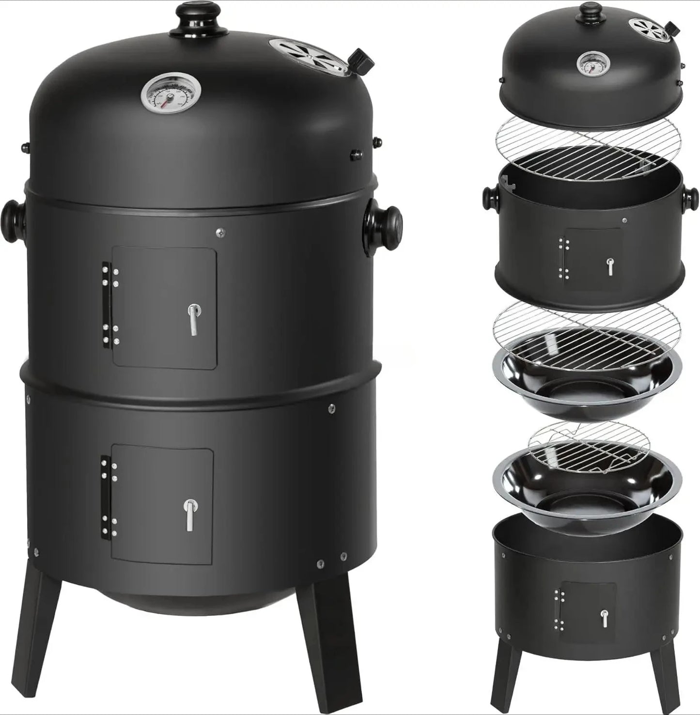 3 in 1 Outdoor BBQ Charcoal Grill, Barbecue, Smoker with Thermometer
