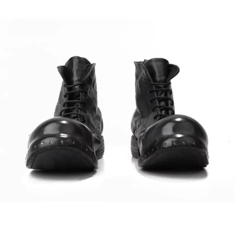 Retro Horsehide Genuine Leather Mens Boots Handmade Lace Up High Top Work Cargo Shoes High Quality Motorcycle Short Boots Male