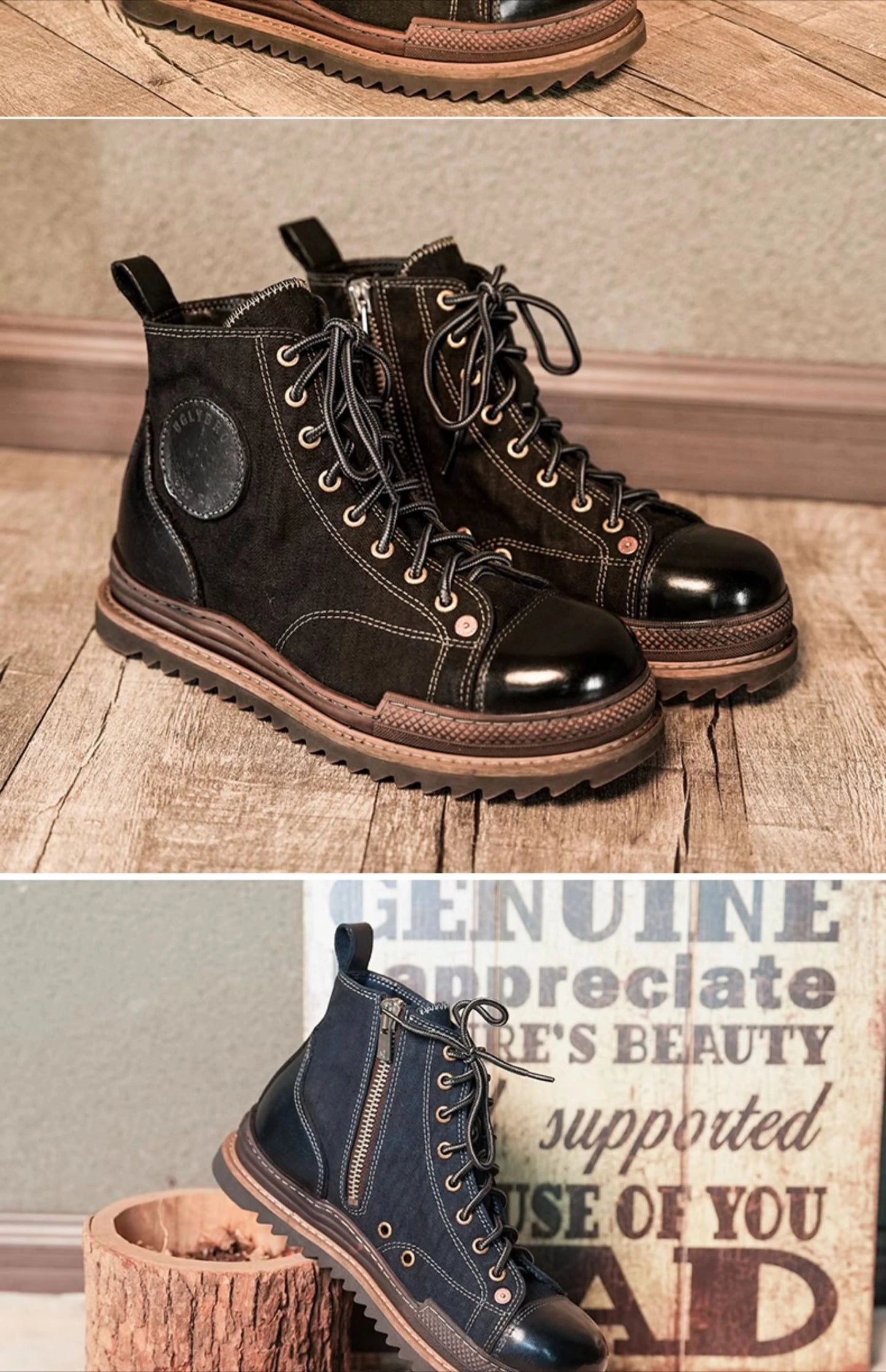 Retro Uglybros Motorcycle Boots Cowhide Canvas Shoes Ankle Protect Motorbike Zapatone British Style Botas For Harley For TRIUMPH