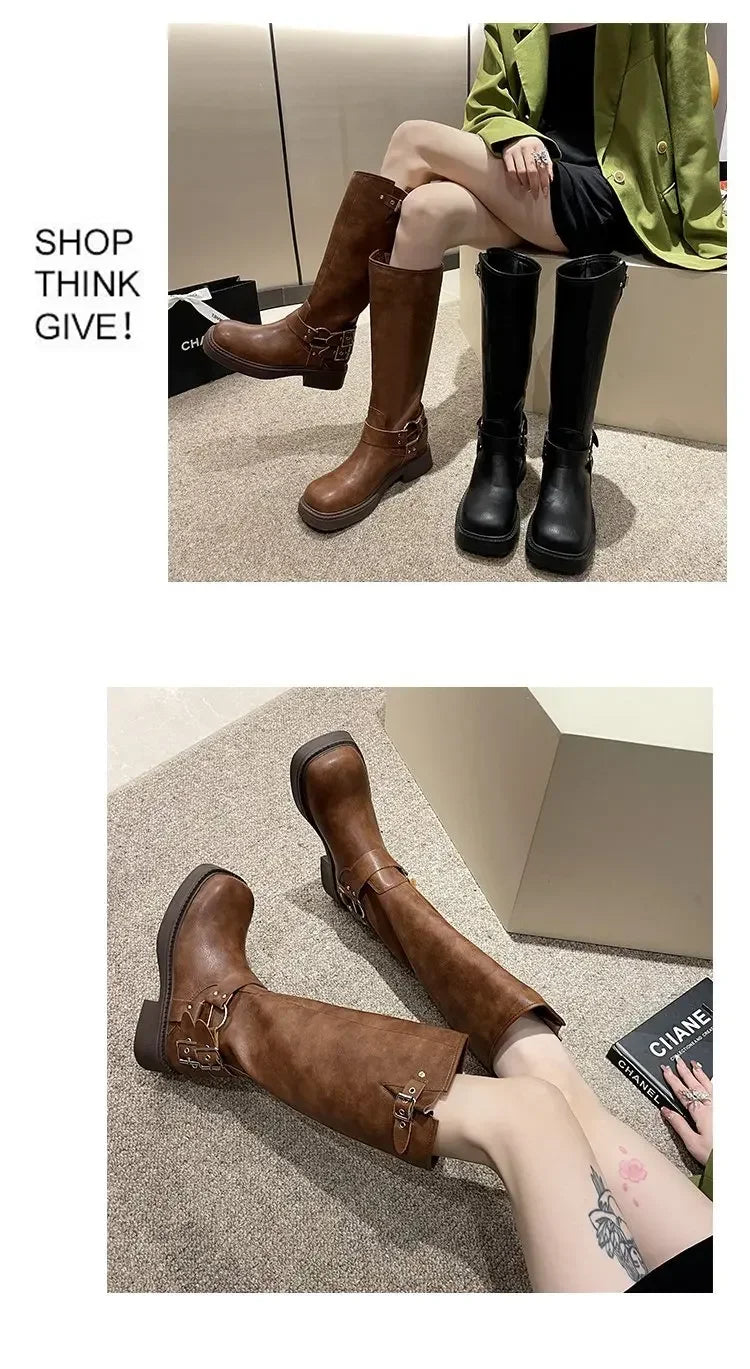 WOMEN'S platform knee-high Knight casual long boots chunky vintage fashion buckle luxury designer Western cowboy woman shoes