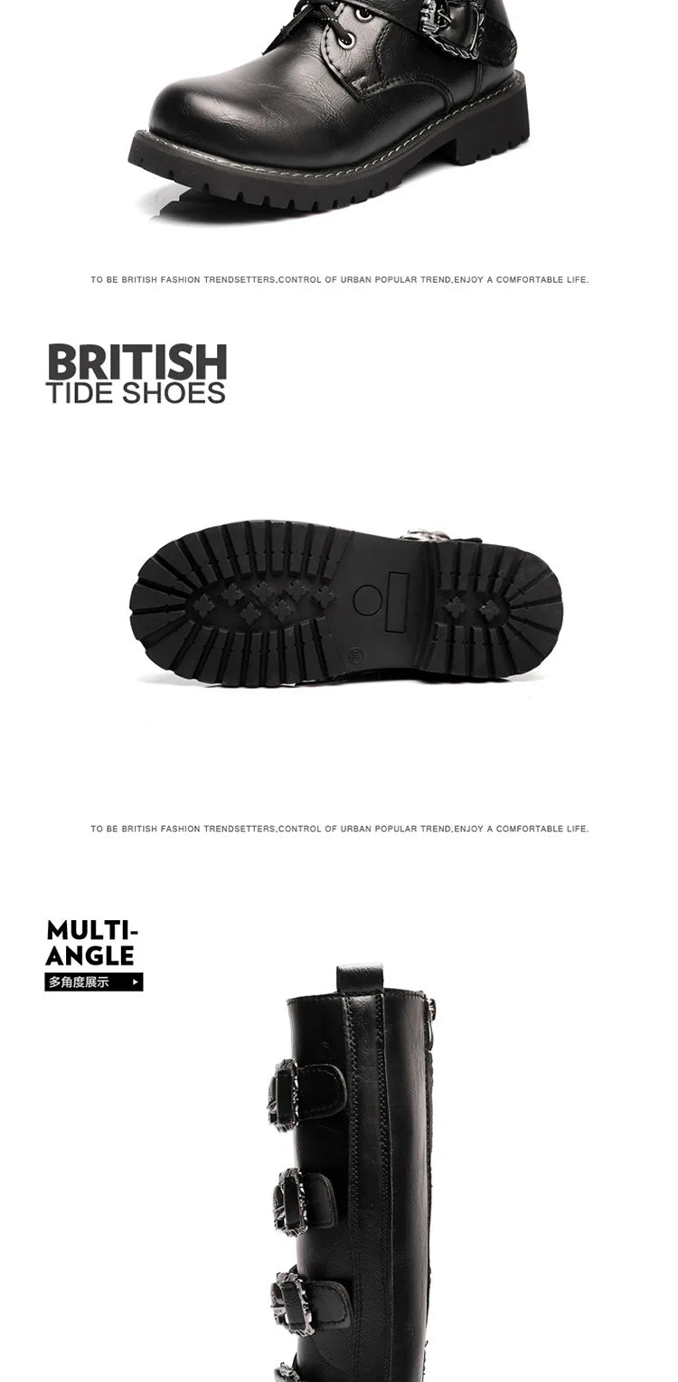 Men Winter Motorcycle Boots Mid-Calf Punk Rock Punk Shoes Mens PU Leather Black High Top Casual Boot Man Motorcycle Boots