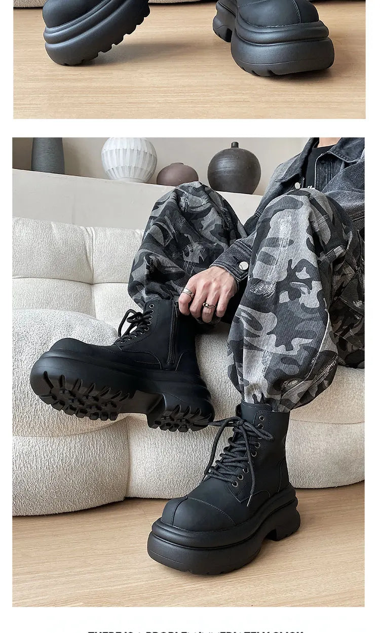 Black boots for men thick sole 7CM height increase high top motorcycle boots trendy and fashionable outdoor workwear shoes