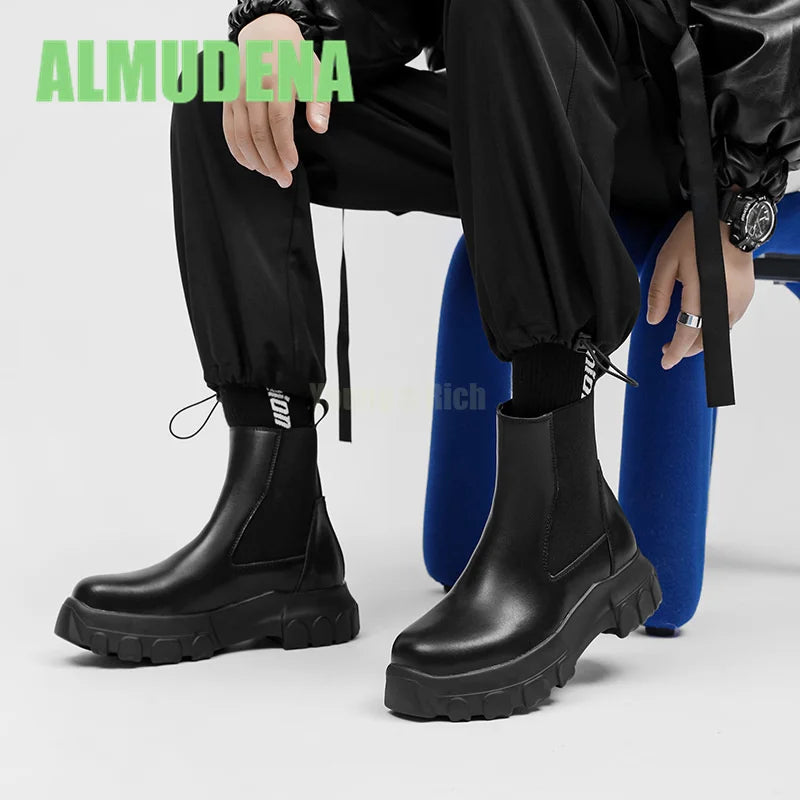 Thick Soled Chelsea Boots Men's Trendy High Top Boots Retro Handsome Motorcycle Boots Versatile Ankle Boots and Short Boots