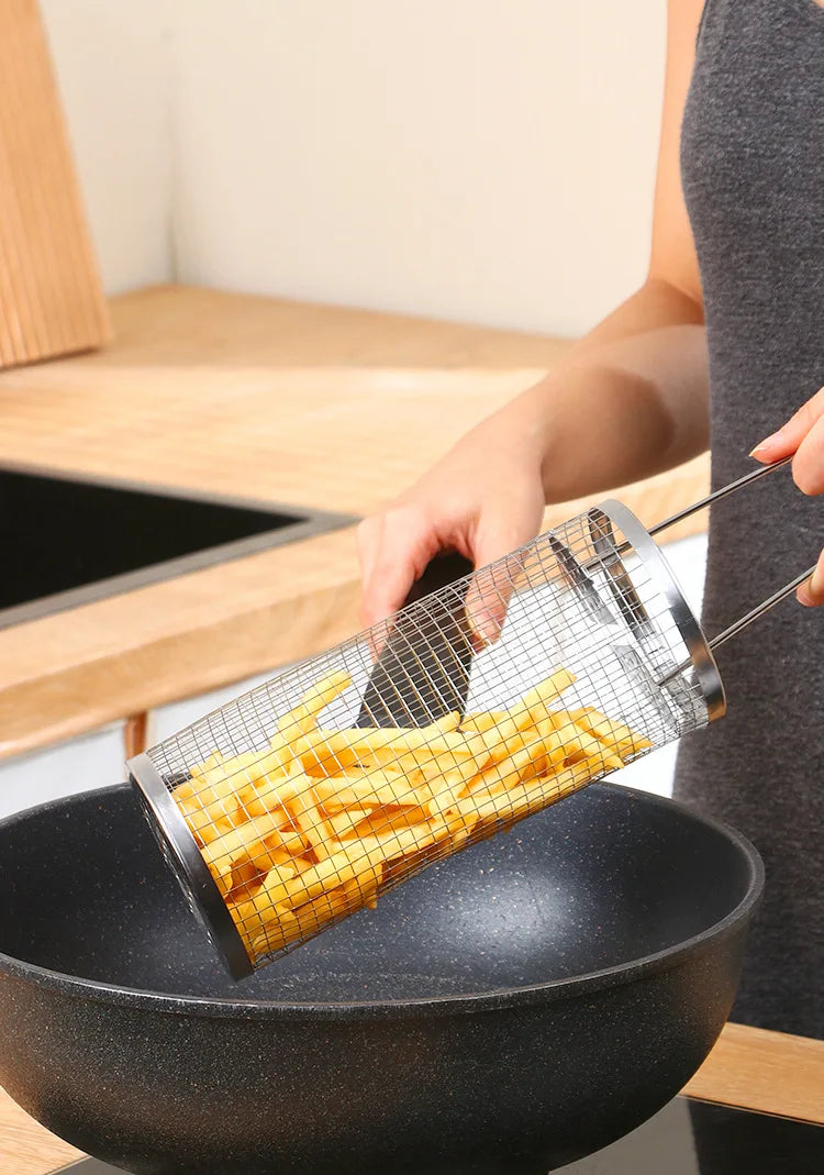 304 Stainless Steel Barbecue Cylindrical Mesh Grill Basket, Picnic Barbecue Supplies, Smoked Barbecue Rolling Cylinder