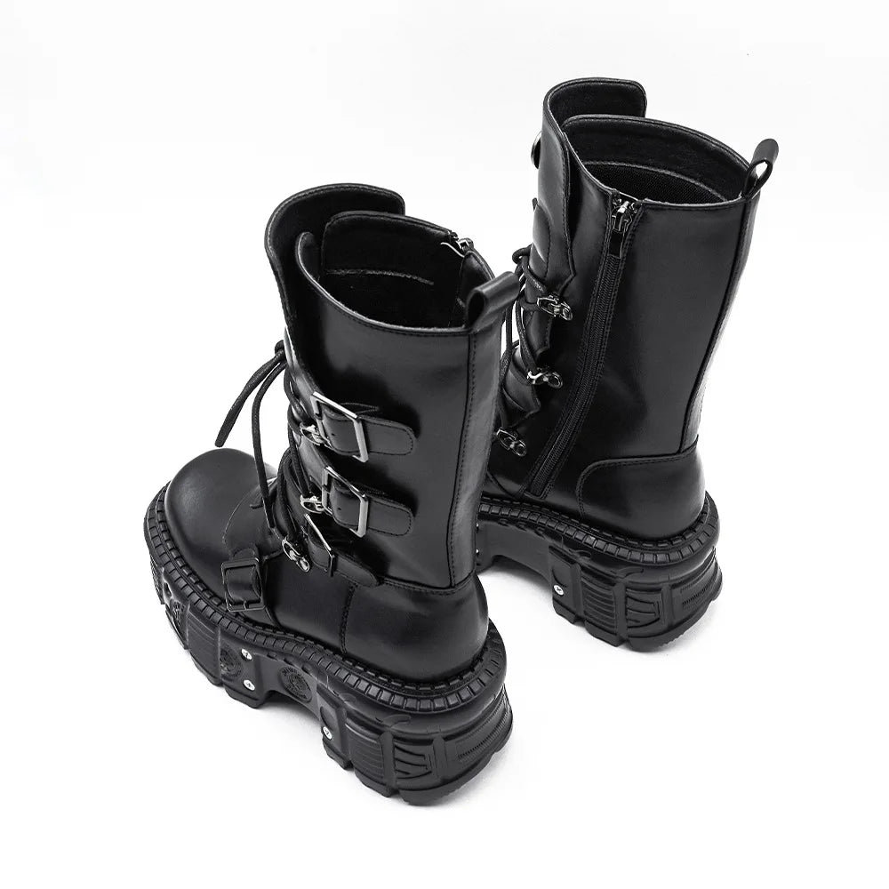 2025 Spring, Autumn and Autumn New Punk Style Women's Platform Spice Girls Metal Rock Motorcycle Fried Street Middle Boots Men