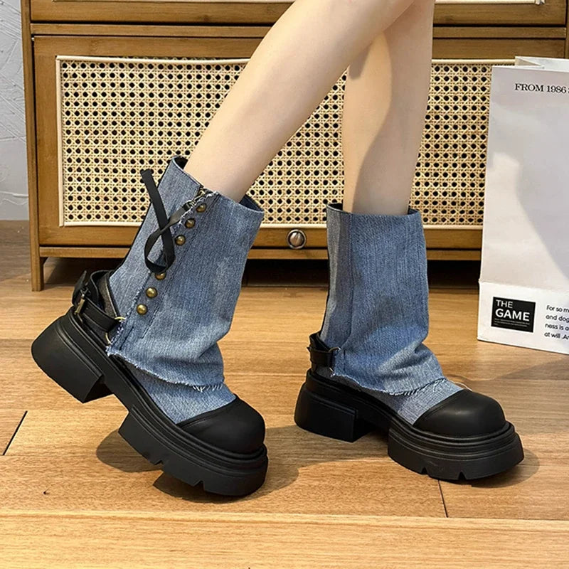 Fall Student Fashion Ankle Boots New Canvas Cowboy Shoes Women's Outdoor Platform Boots Luxury Designer Brand Motorcycle Boots