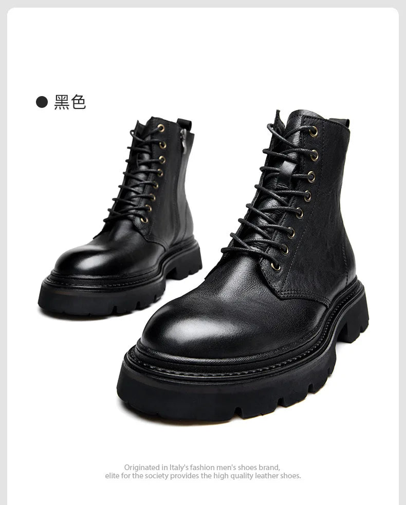 Motorcycle Boots Men Genuine Leather Retro Motorbike Ankle Boots Thick Soled Wear Resistant High Top Cowhide Shoes EU 38-44