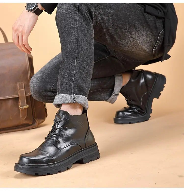 Motorcycle Boot British Style High-top Lace-up Ankle Boots Autumn Winter New Luxury Men's Genuine Leather Designer Shoes