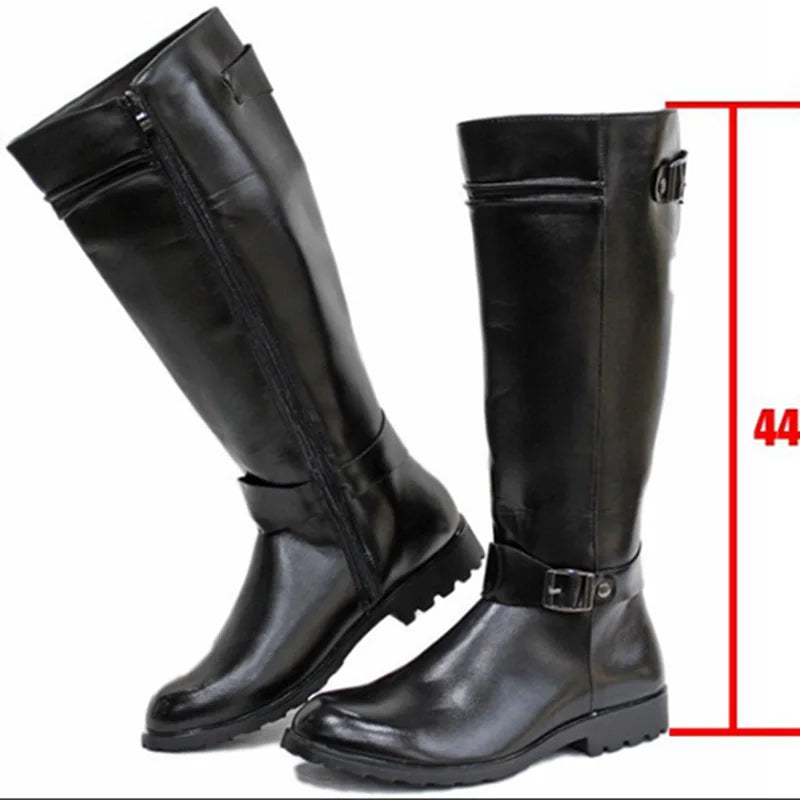 British Mens Black Leather Knee High Boots Desiger Zip Long Motorcycle Shoes Antique Cosplay Stage Botas Casual Comfort Zapatos