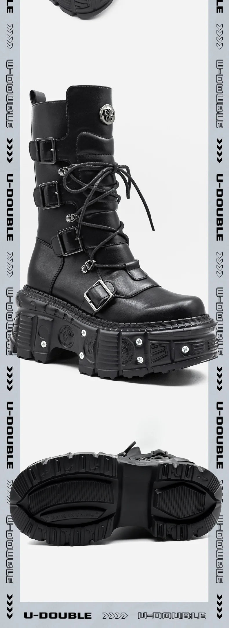 2025 Spring, Autumn and Autumn New Punk Style Women's Platform Spice Girls Metal Rock Motorcycle Fried Street Middle Boots Men