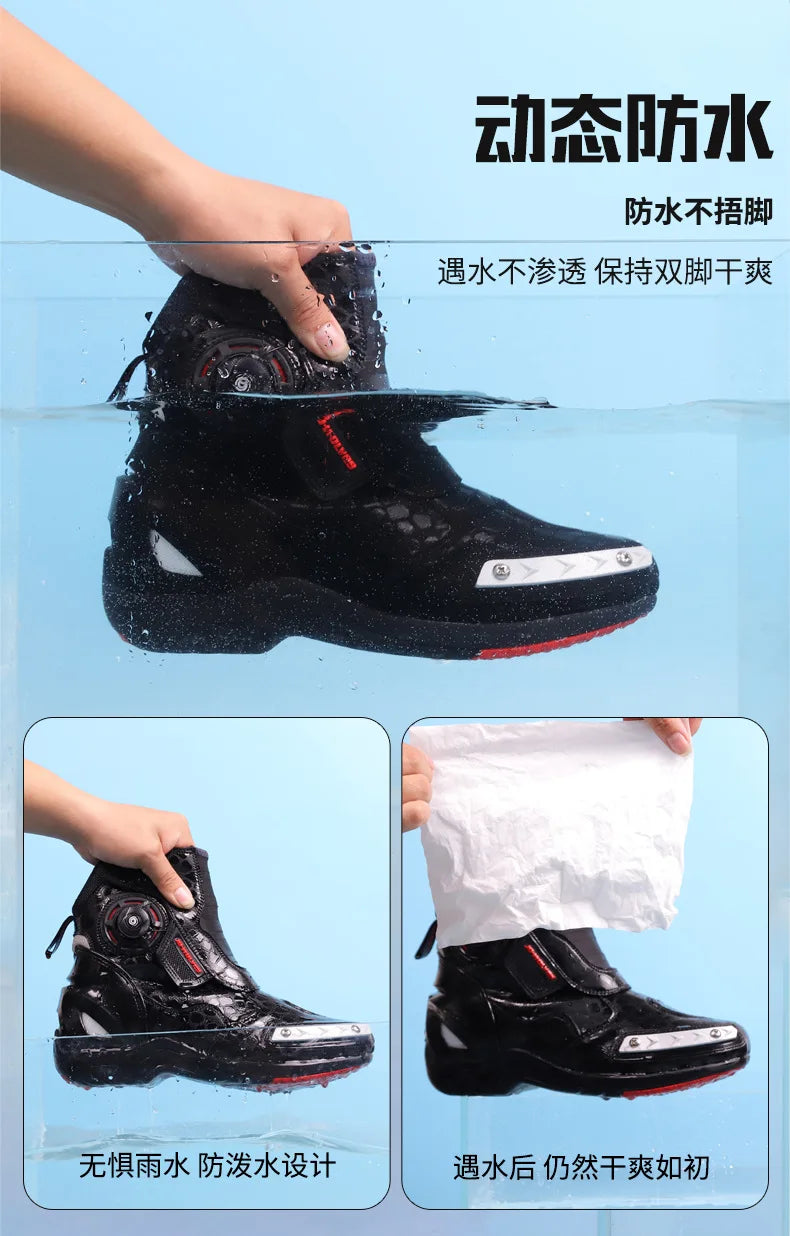 Motorcycle Boots Man Waterproof Studded Boots Hook and Loop Fasteners Wear-Resistant Motorcycle Shoes Anti-Slip Anti-Fall