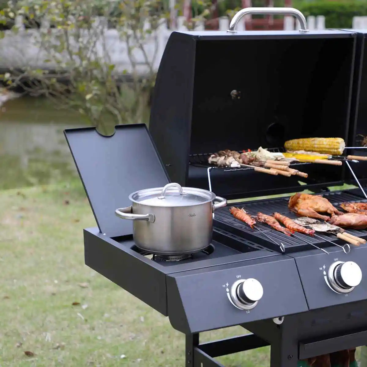 Grill Burner Gas & Charcoal Outdoor with Side Smoker Coated Finish for Family Gatherings