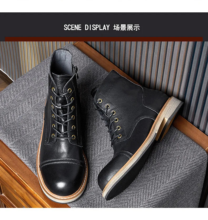 EU Size 38-44 Motorcycle Boots Men Cowhide Motorbike Ankle Boots Thick Soled High Top Western Work Boots Fashion Leather Shoes