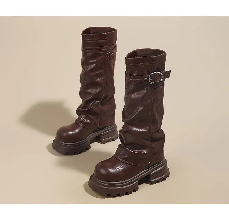 Fujin 8cm Knee High Boots Sexy for Women Platform Heel Motorcycle Booties Punk Genuine Leather Autumn Comfortable Chunky Shoes