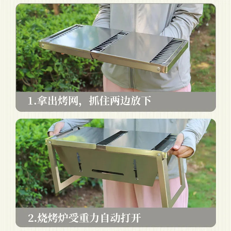 Stainless Steel Grill Outdoor Charcoal Thickened Barbecue Grill Household Small One Second Folding Carbon Grill