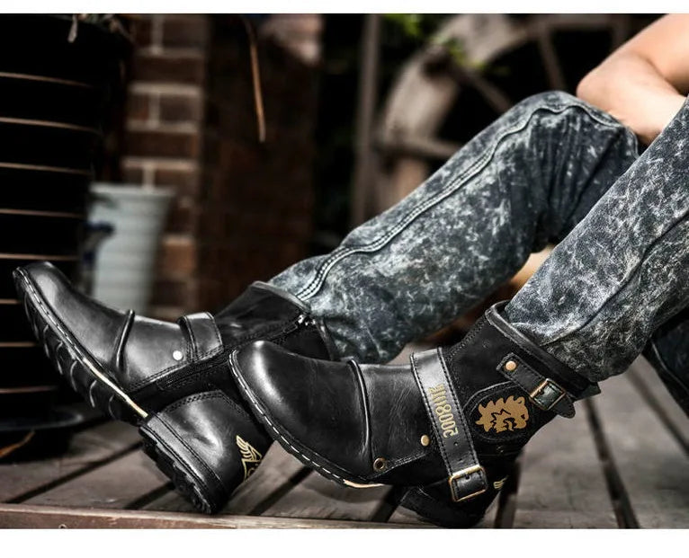 2025 New In Men Boots Luxury Handmade Men Ankle Boots Metal Buckle Zipper Motorcycle Boots Outdoor Plus Size 39-48 Punk Bottines