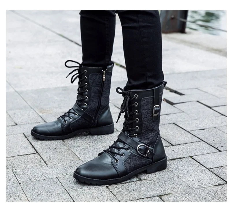 2025New Men Boots Fashion Mid-calf Boots Trend Motorcycle Boot High Top Casual Boots for Men Plush Warm Winter Boot Botas Hombre