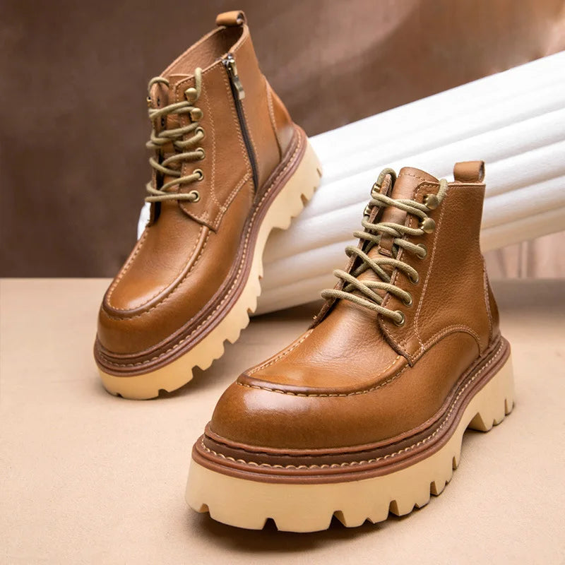 Men's Motorcycle Boots Genuine Leather High Top Motorbike Ankle Boots Thick Soled Vintage Round Toe Casual Punk Dress Shoes