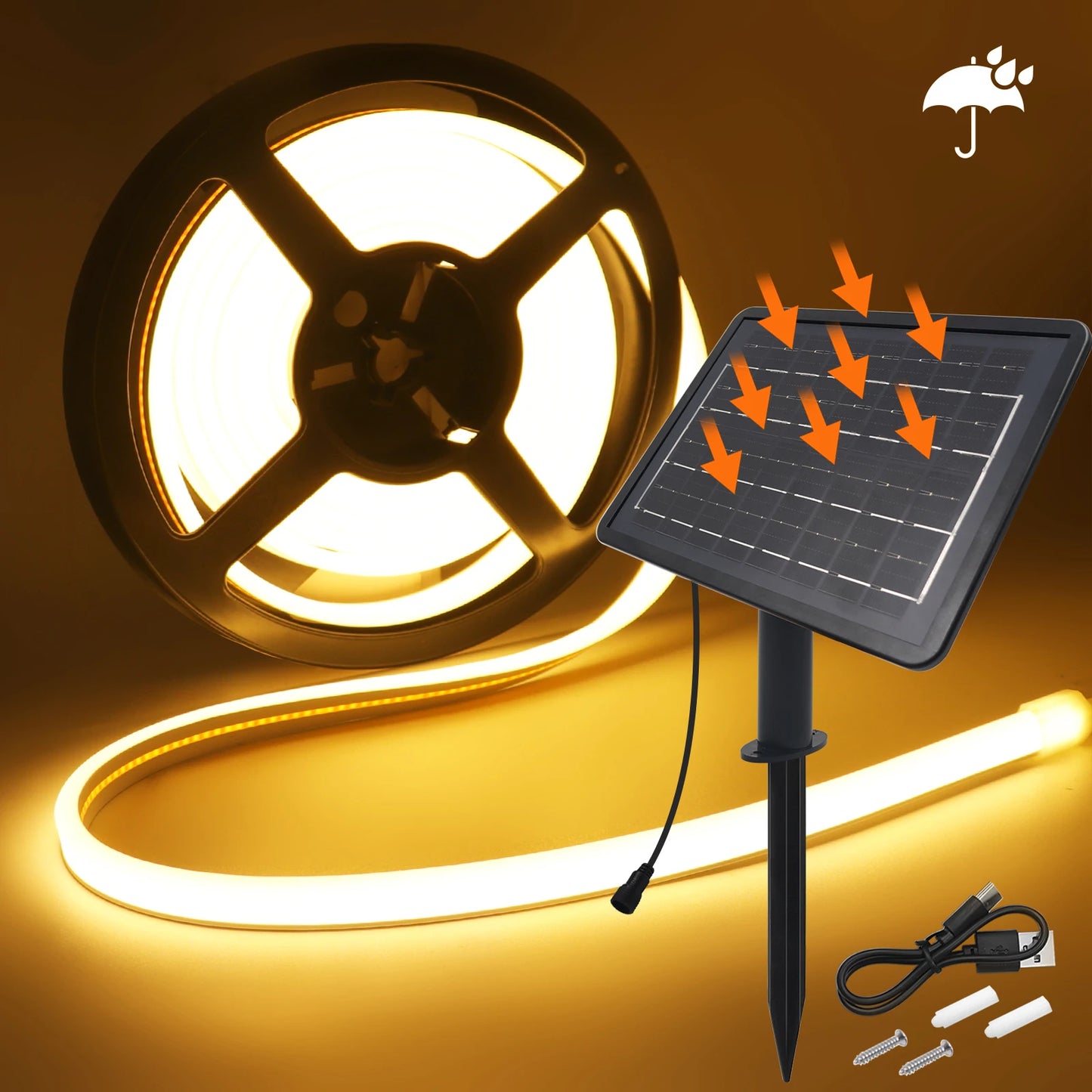 24V Solar Powered COB LED Strip Light Double Side Glow 320 LEDs/m Waterproof Flexible Neon Tape Indoor Outdoor Linear Lighting