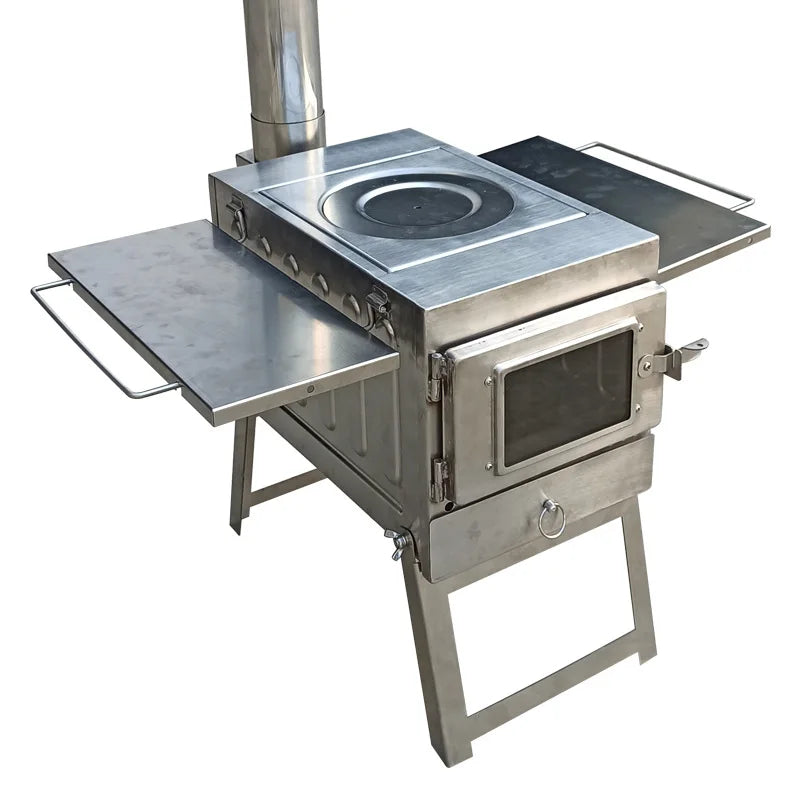 Outdoor Camping Wood Stove, Portable Charcoal Barbecue Grill, Stainless Steel, Multifunctional Cooking Tent Stove
