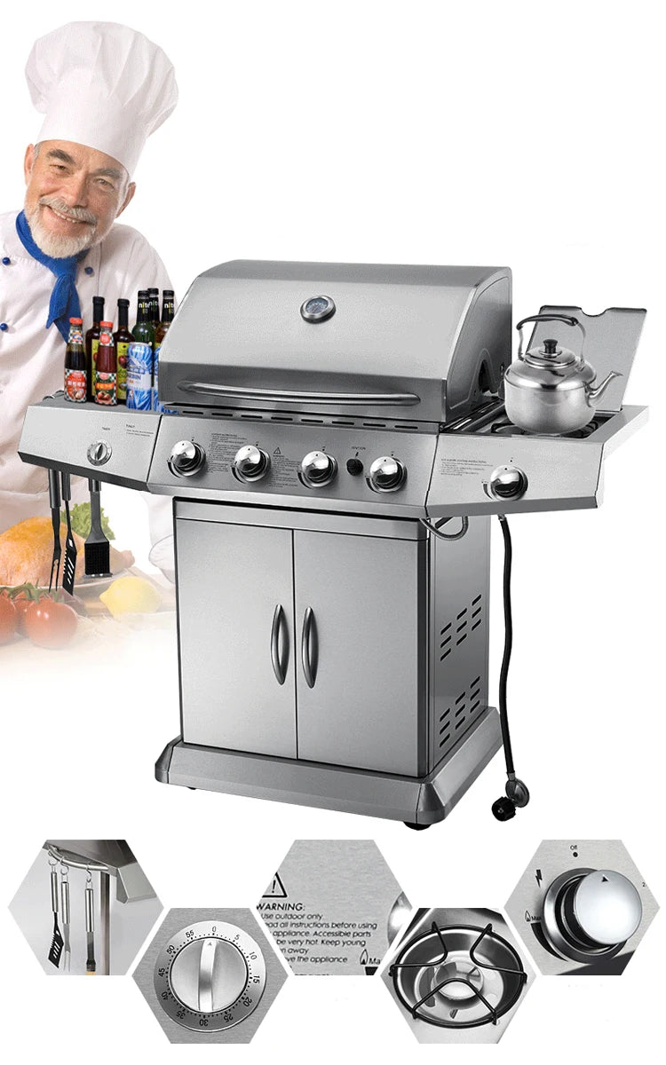 Burner Gas or Charcoal Barbecue Grill for Home Garden Outdoor Parties Vertical Design for Easy Use