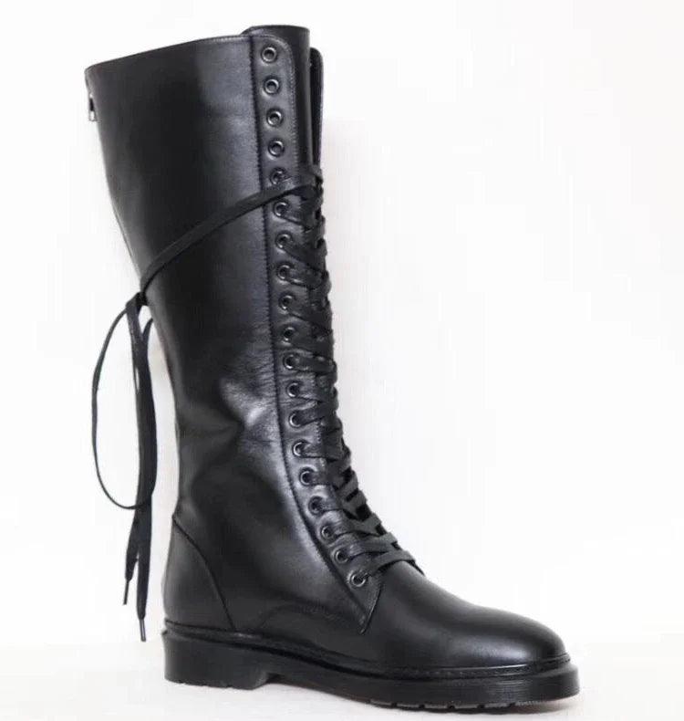 Lace Up Cowhide Knight Boots for Men Black Genuine Leather High Boots Back Zipper Over The Knee Motorcycle Boots Winter Shoes