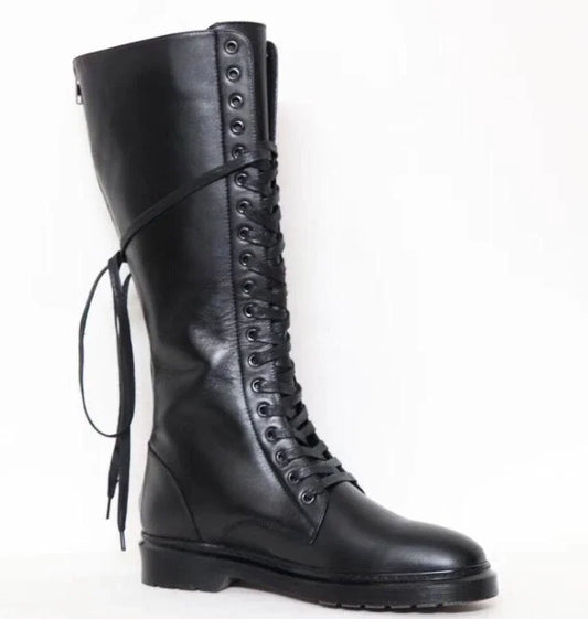 Lace Up Cowhide Knight Boots for Men Black Genuine Leather High Boots Back Zipper Over The Knee Motorcycle Boots Winter Shoes