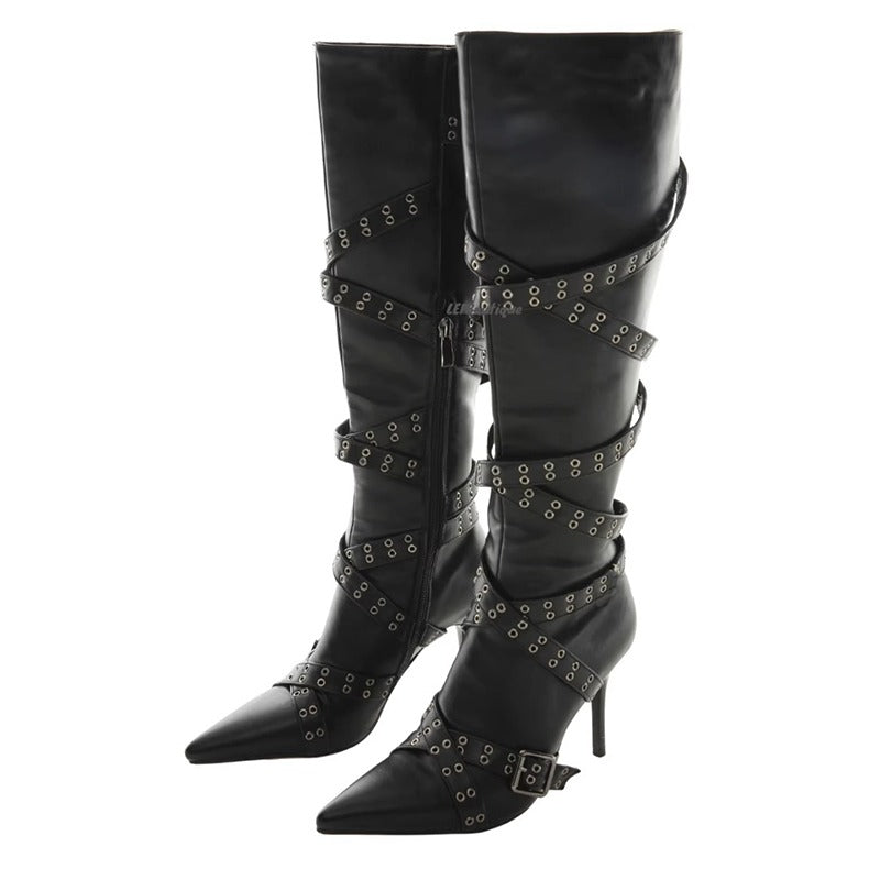 Brand Cross Strap Riveted Retro Silvery Knee High Boots New Spicy Girl Pointed High Heel Motorcycle Boots Fashion Women Shoes