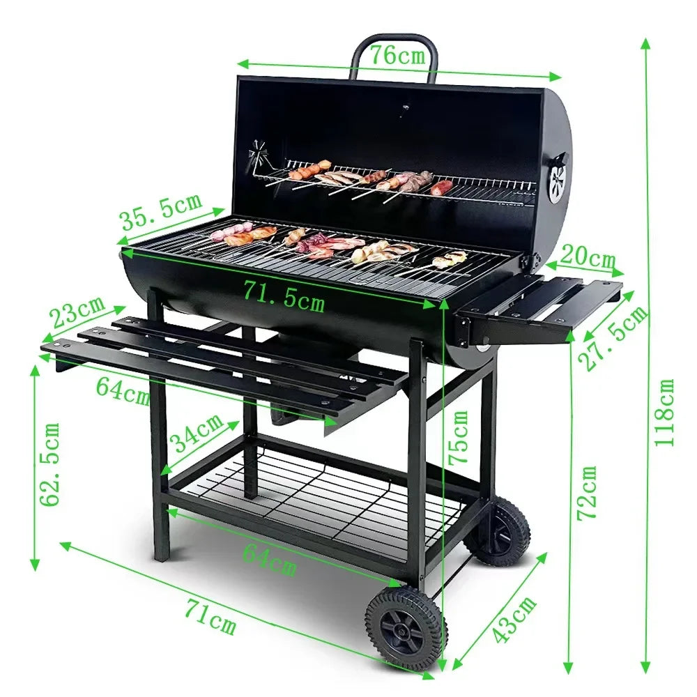 Charcoal Grill Barrel style BBQ Charcoal Grill with Three Item Racks Thermometer Double-Layer Chrome-Plated Iron Baking