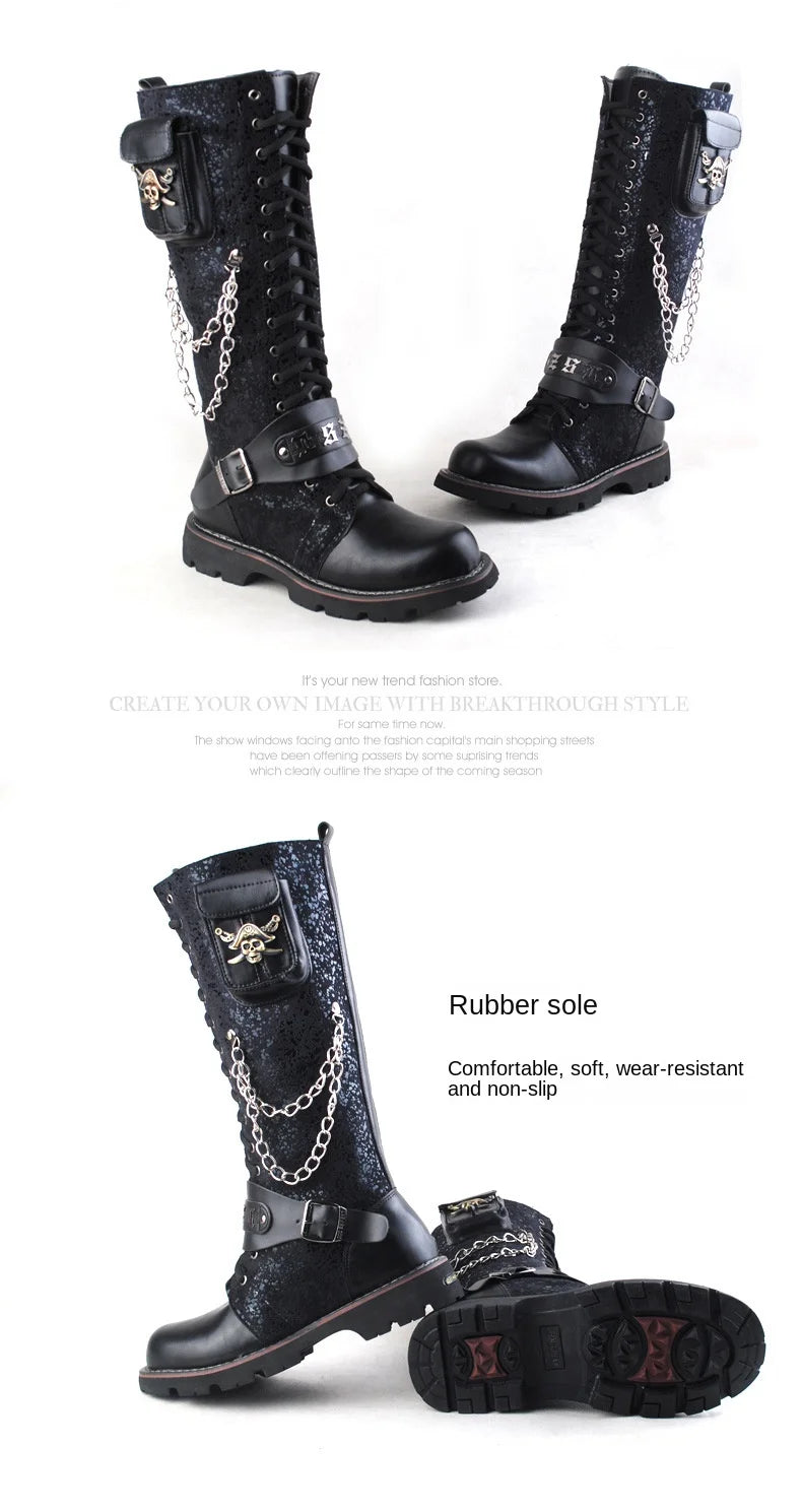 Men Motorcycle Boots  Knee High Boots Low Heels Knight Shoe man Vintage Boots male zapatos,Combat Boots Gothic Skull Punk Boots