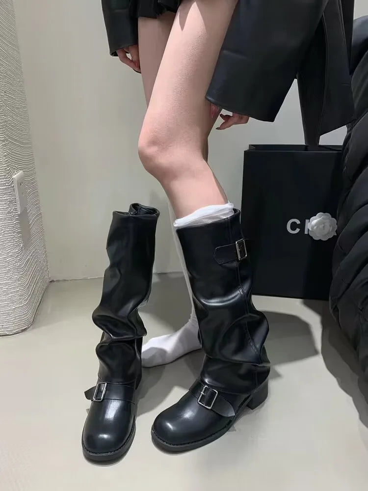 Rock Women Boots Punk Ladies Shoes Women Buckle Knight Boots Motorcycles Boots Woman Slip-On Thick Heel Riding Botas Mujer 2024