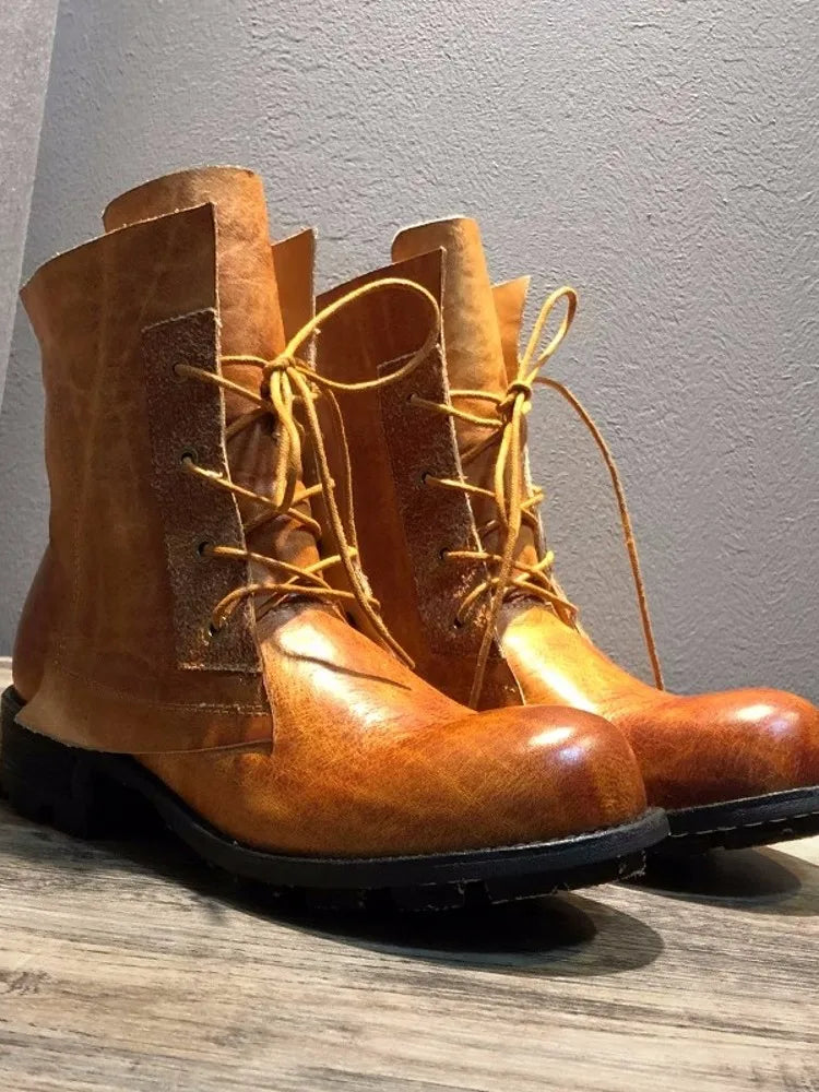 Handmade Vintage Round Toe Mens High Top Work Safety Shoes Cowhide Genuine Leather Ankle Boots Lace Up Motorcycle Riding Boots