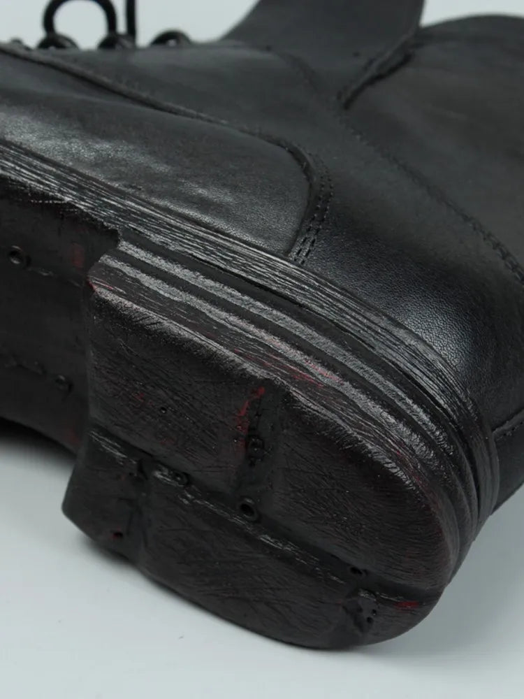 Vintage Mens Cowhide Genuine Leather Riding Ankle Boots Lace Up High Top Work Shoes Vintage Round Toe Autumn Moto Biker Boots