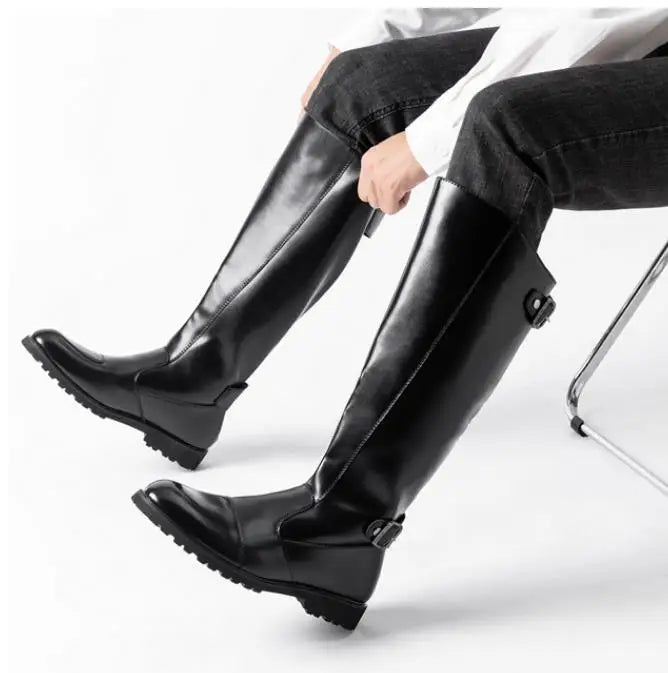 New Arrival Black Long Knee Boots Men Round Toe Buckle High Top Casual PU leather Shoes Man Motorcycle Boots Size 37-46