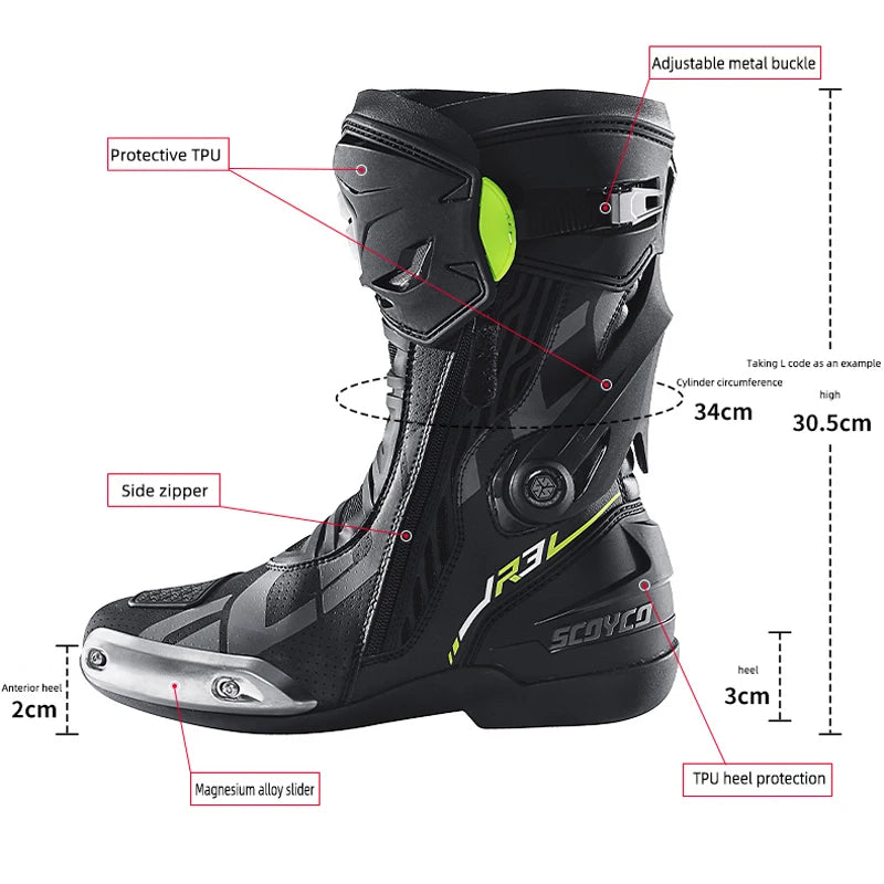 SCOYCO Motorcycle Boots Men Non-slip Anti-fall Professional Motorbike Racing Track Long Boots Mid-Calf Riding Protective Shoes
