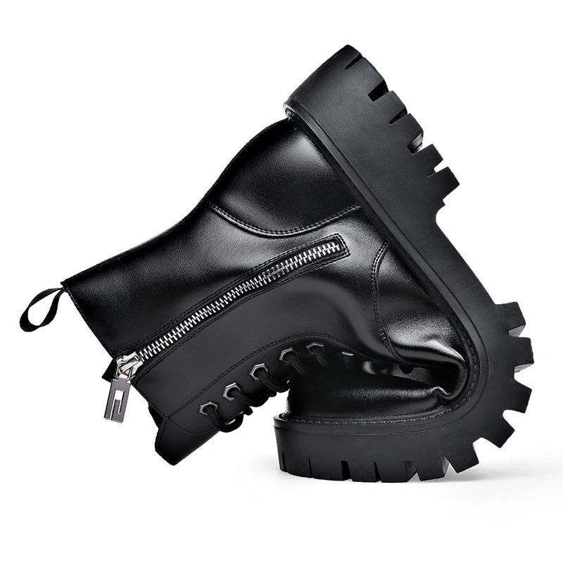 Retro Casual PU Leather Mens Motorcycle Boots Fashion Winter Plush Snow Boots Comfortable Leather High Top Shoes Man Warm Botas